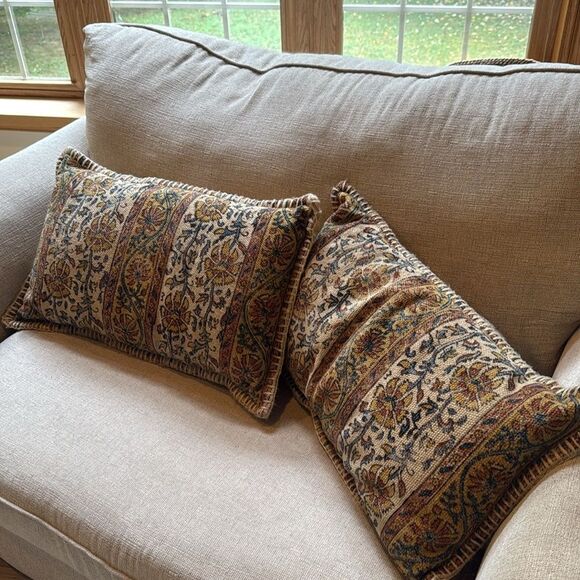 World Market Earth Tone Floral Panel Kilim Boho Style Accent Pillows Set of Two - Picture 5 of 12
